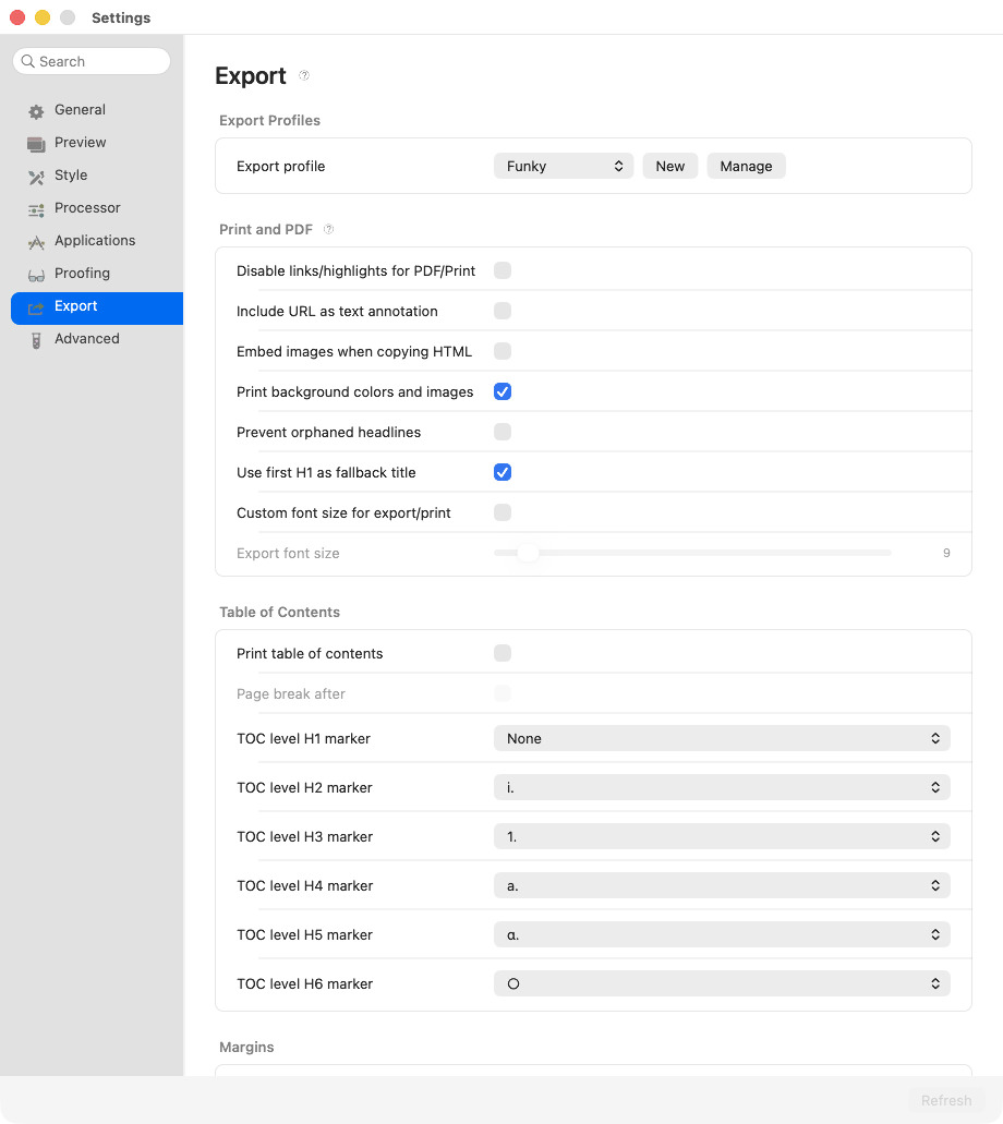 Settings: Export