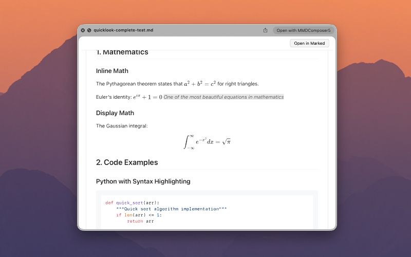 Quick Look preview with inline math and Python syntax highlighting