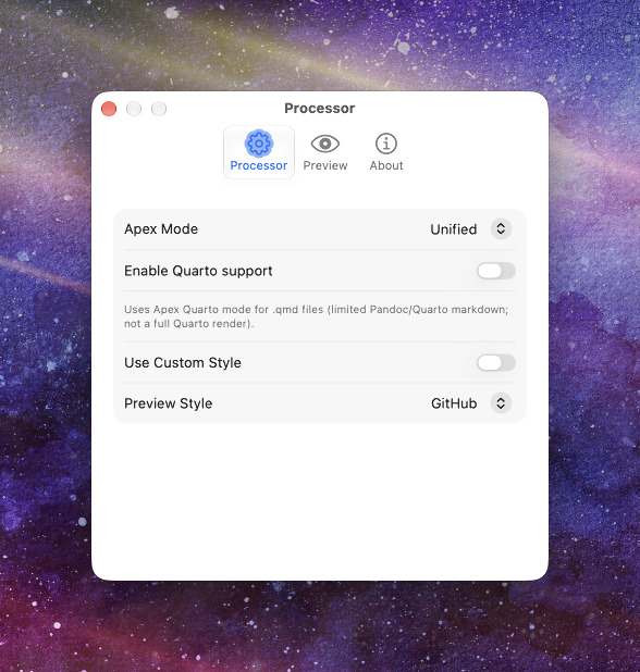 Marked QL Processor settings with Apex mode, Quarto support, and preview style