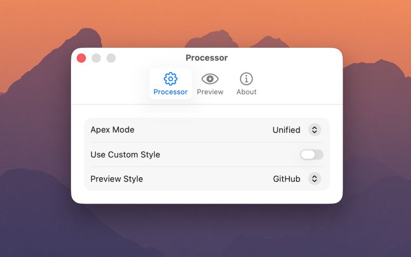 Marked QL processor settings with Apex mode and preview style options