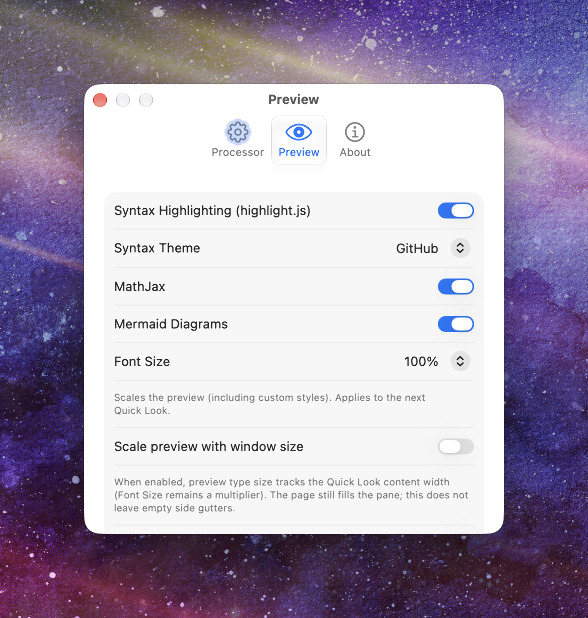 Marked QL Preview settings for syntax highlighting, MathJax, Mermaid, and font size