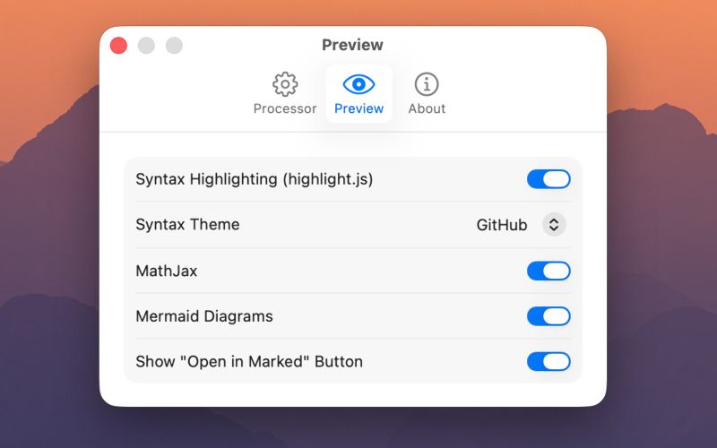 Marked QL preview settings for syntax highlighting, MathJax, and Mermaid
