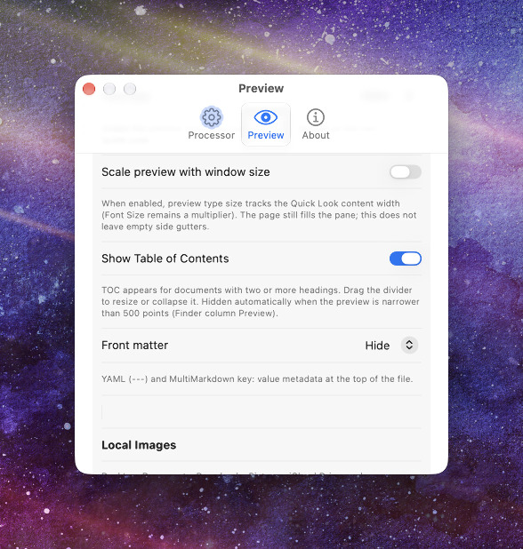 Marked QL Preview settings for table of contents, front matter, and local images